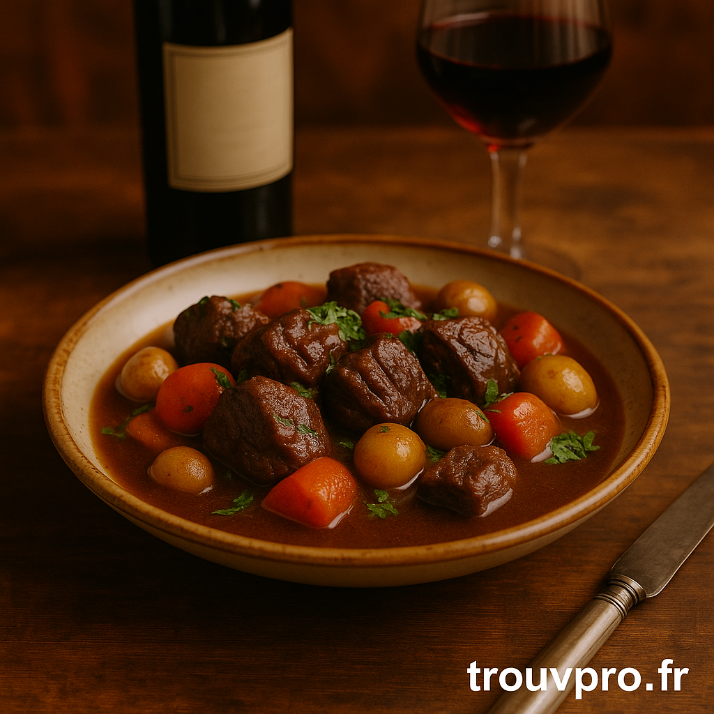 Un grand classique de la cuisine française : le bœuf bourguignon, savoureux, fondant et riche en arômes, un plat convivial facile à réussir chez soi.