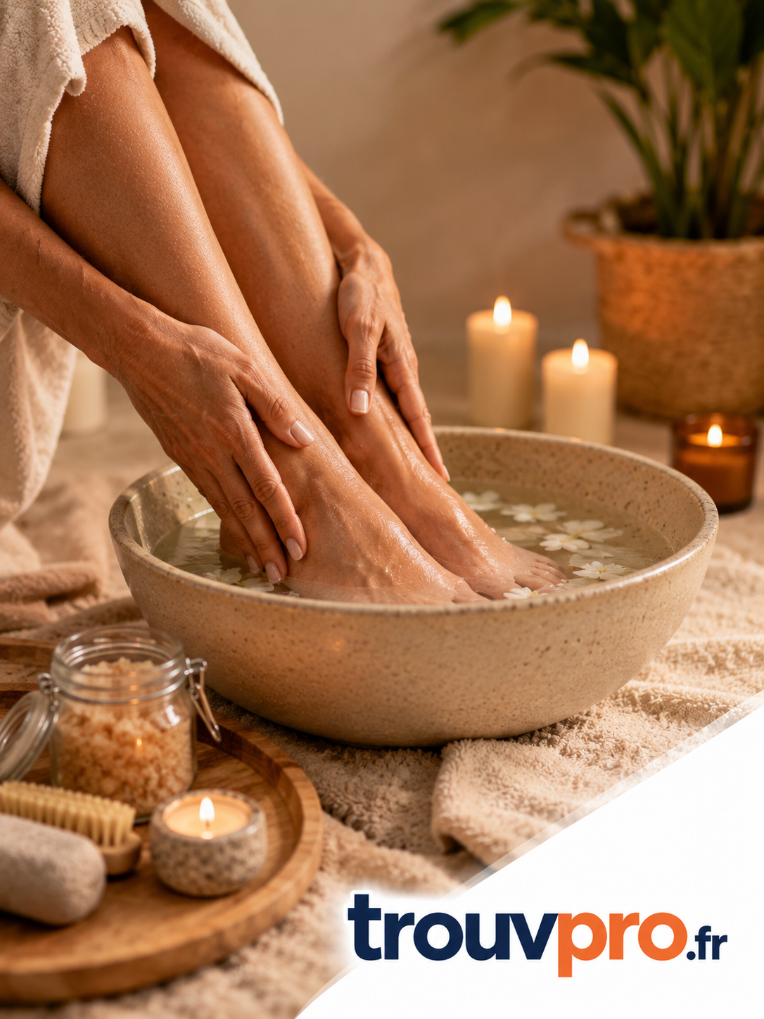 Soins des pieds après une longue journée : bain, gommage et massage pour soulager la fatigue et améliorer la circulation